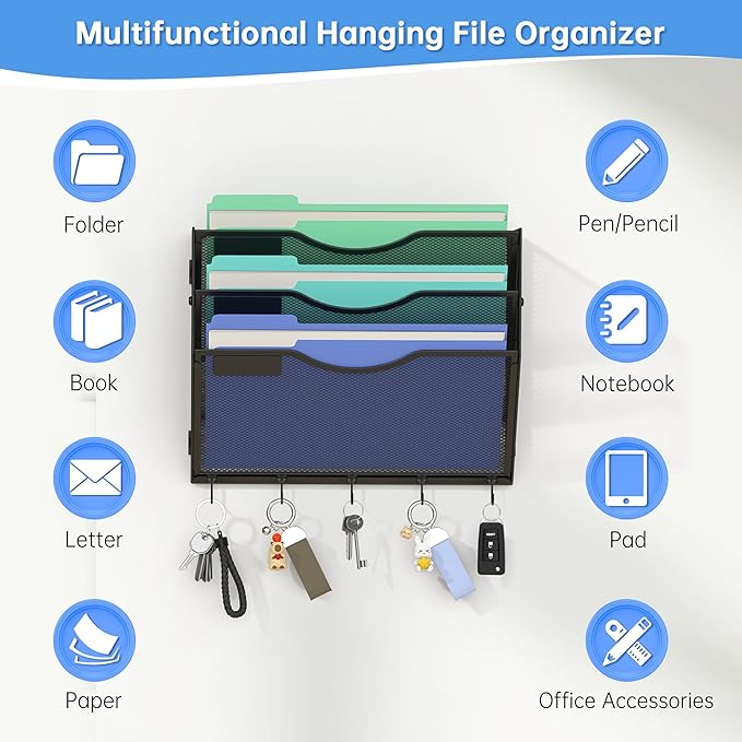 Gawerk Hanging Wall File Organizer with 5 Hooks - Wall Mounted Mail Paper Document Folder Holder, Sturdy Mesh Magazine Rack for Office Home (3 Tier)