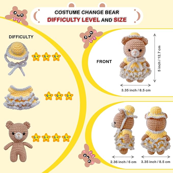 LoopMap Amigurumi Crochet Kit for Beginners with Removable Dress & Video Tutorials, DIY Bear Making Kit Includes Premium Yarn & Tools, Creative Gift for Adults Teens (Yellow)