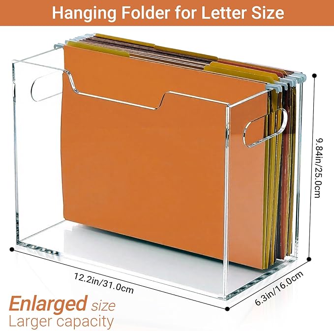 Acrylic File Folder Organizer Box, Letter Size Hanging File Organizer, Clear File Holder with Handles, Desktop Hanging File Storage Organizer for Home Work School Office Supplies1 Pack