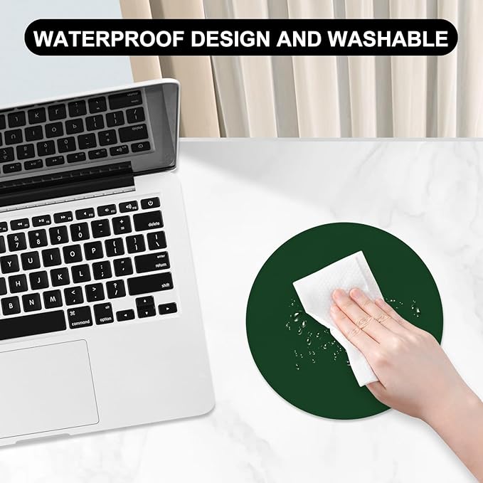 Leather Mouse Pad, Office Mouse Mat Non-Slip Rubber Base Stitched Edge Washable Waterproof Round Mousepad for Office Gaming PC Laptop, Round Diameter 8.7 inches, Dark Green
