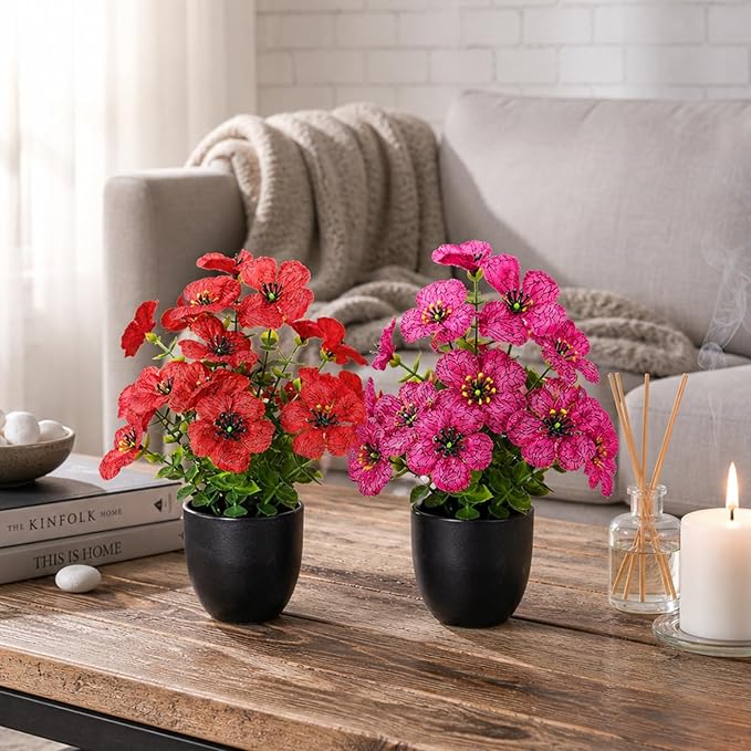 Small Artificial Flowers in Pots, Fake Plants Indoor Small, Spring Decorations for Home Office Desk Accessories, Mini Potted Flowers for Bathroom Shelf