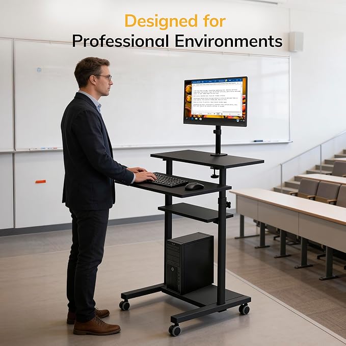 Mount-It! Mobile Computer Cart with Monitor Mount for Screen up to 32", Portable Desk on Wheels, Rolling Laptop Stand for Teachers, Office, Classroom, Rise up to 53", Podium, Keyboard Tray, Black
