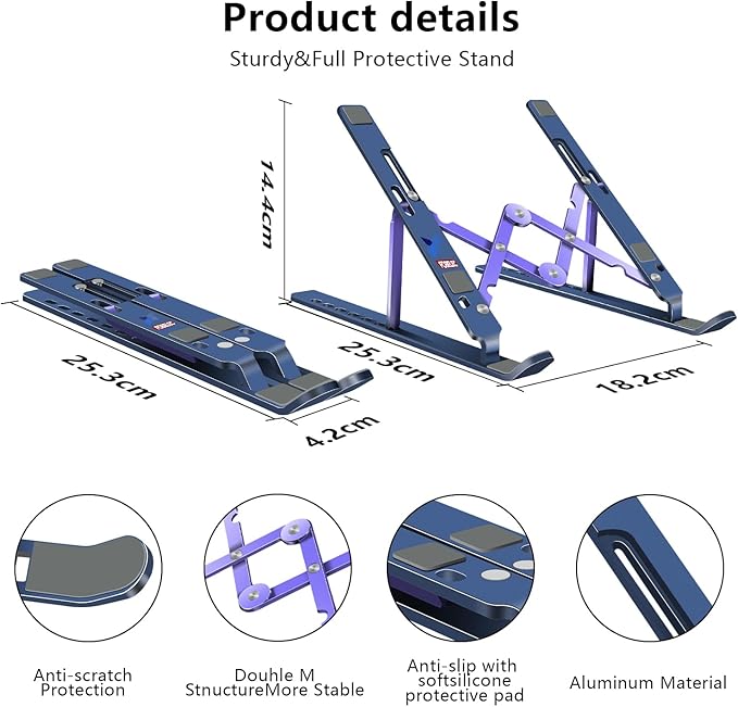 Laptop Stand, Computer Tablet Stand, Adjustable Aluminum Foldable Portable Laptop Holder Riser, Compatible with MacBook Air Pro, Lenovo, HP, Dell, More 10-15.6” Laptops and Tablets (Blue)