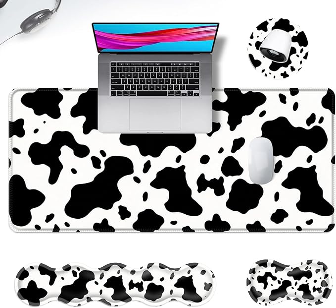 Ergonomic Mouse Pad Set with Wrist Support for Keyboard and Wrist Rest for Mouse, Memory Foam Comfort, Non-Slip Large Desk Mat for Home Office Pain Relief,Cow Print