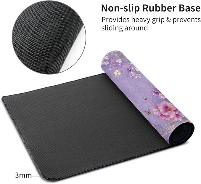 Extra Large Floral Mouse Pad‌ 48" x 24" - Beautiful Flower & Butterfly Design XXXL Desk Mat with Non-Slip Base, Violet Mousepad Comfortable Keyboard Mat for Gaming & Work