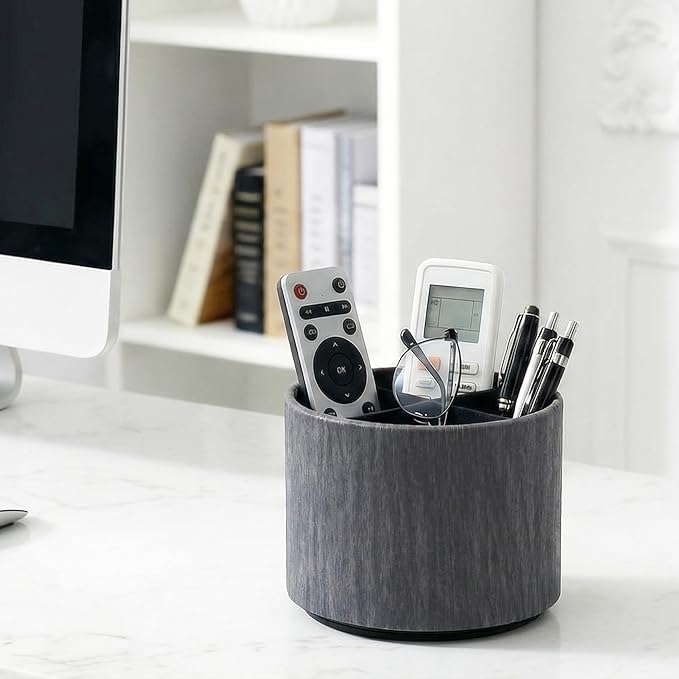 Round Leather Art Supply Organizer,Remote Control Holder,360 Degree Spinning,Multi-Functional Pencil Holder,4 Compartments Desktop Stationary Organizer(1-Thin Wood Black)