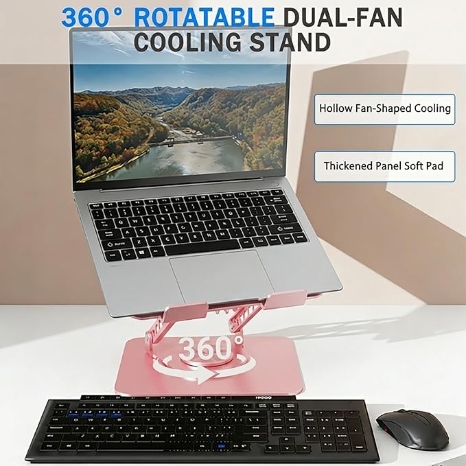 Laptop Stand with Cooling Fan, 360° Rotating Base Aluminum Laptop Riser, Foldable Ergonomic Computer Stand for Desk, Height Adjustable Notebook & All Laptops Up to 17.3" (Pink)