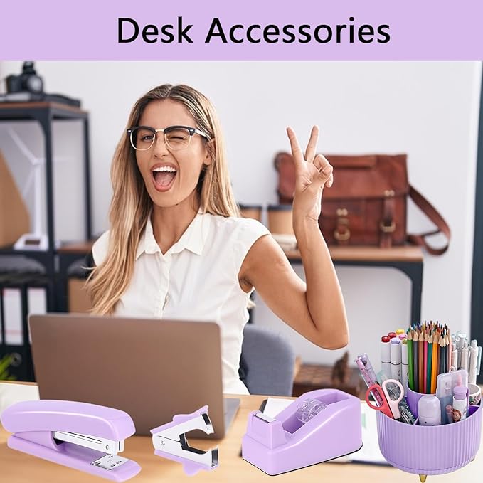 Office Supplies,Purple Desk Accessories,Desk Organizer,Stapler,Tape Dispenser,Folding Phone Stand,Scissors,Notebook,Staple Remover,Staples,Clear Tape,Sticky Notes,Clips,Cool Pen,Bookmark,Ect.22pcs