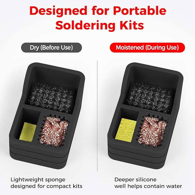 Soldering Iron Tip Cleaner Kit with Brass Wool, Sponge & Steel Brush in Black Silicone Holder – Heat & Scratch Resistant Cleaning Tool for Soldering, Electronics Repair & DIY Projectst