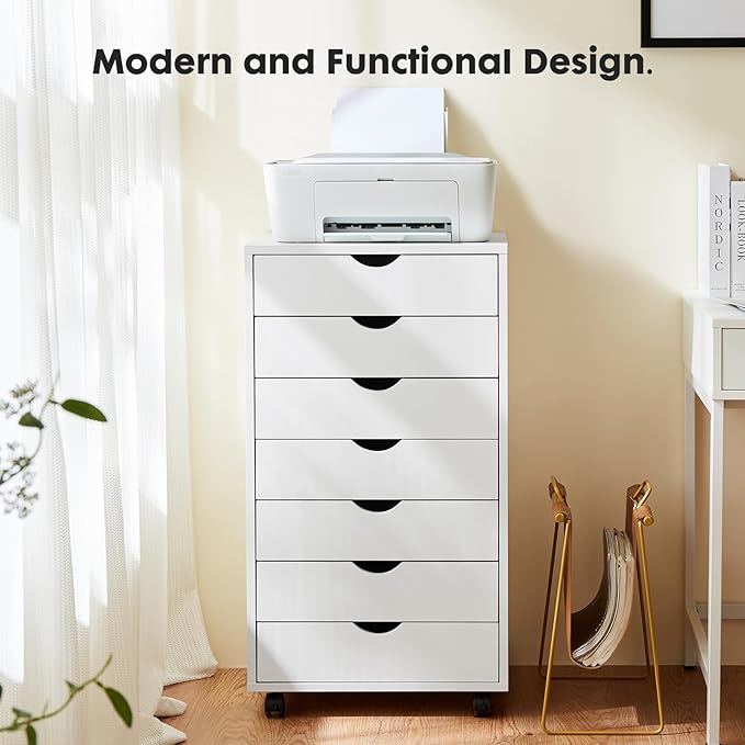 OLIXIS 7 Drawers Rolling File Cabinet, Mobile Under Desk Storage Cabinet with Wheels, Sturdy Printer Stand Organizer for Home Office, Living Room, Workplace, White