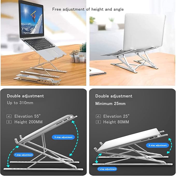 Adjustable Laptop Stand, Foldable Aluminum for 10-17” Laptops, Ergonomic Silver