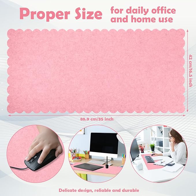 Copkim 35 x 16.5 Inch Felt Desk Mat with Scalloped Edges, Large Felt Mouse Pad Non Slip Scalloped Computer Laptop Desktop Pad for Keyboard and Mouse Home Office(Pink)