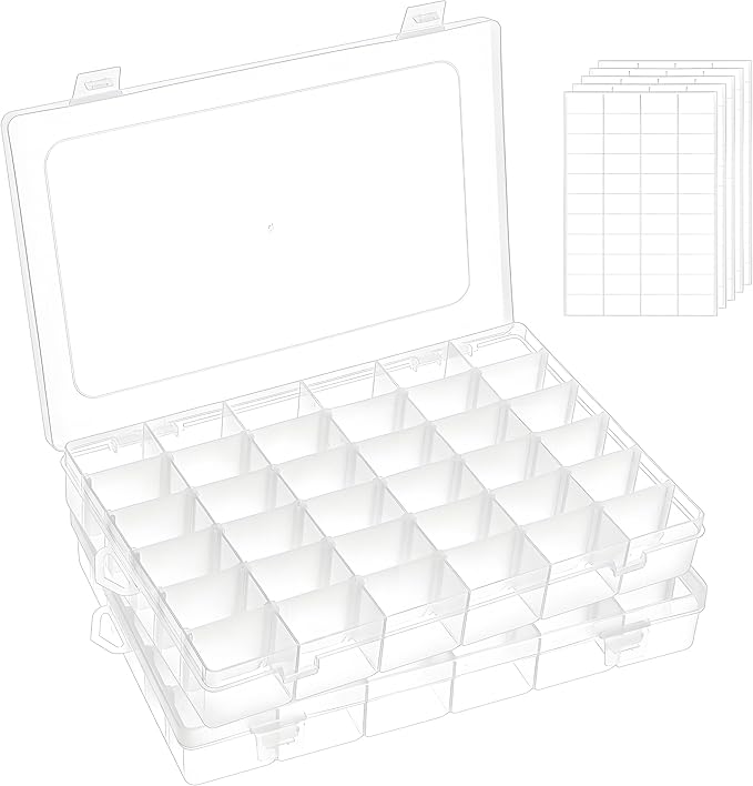 Umirokin Small Parts Organizer Box 2 Pack, 36 Grid Bead Organizer with Adjustable Dividers, Plastic Organizer Box for Screws, Jewelry Making, Craft Storage, Fishing Tackle, Clear Compartment Container