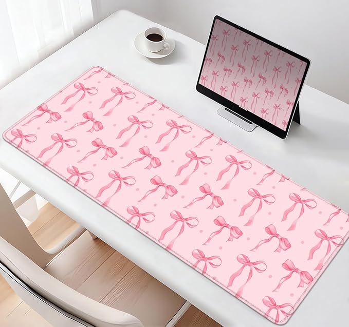 Pink Ribbon Bow Large Gaming Mouse Pad, Polka Dots Desk Mat Office Accessory, Light Pink Computer Mat, Non-Slip Rubber Base Laptop Pad for Girls Kids Desktop Decorative, 31.5 x 11.8 inches