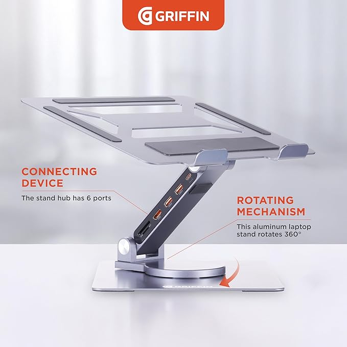 Griffin Rotator Laptop Stand with 6-in-1 USB HUB, 360° Rotating Computer Stand, USB C Docking Station & Multiport Adapter for Desk Setup