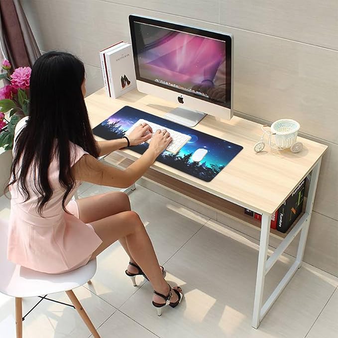 Starry Night Forest Large Gaming Mouse Pad Desk Pad, 27.5x11.8in Moon Galaxy Extended Desk Mat with Stitched Edges, Non-Slip Waterproof Rubber Base for Office, Computer & Laptop