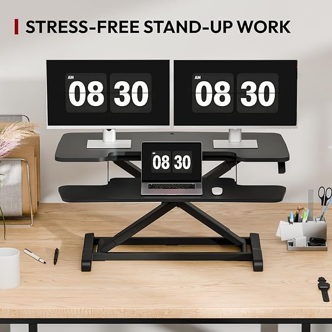 SANODESK 36" Standing Desk Converter, Adjustable Sit Stand Desk Riser with Effortless Lifting for Home Office, Standing Desk Topper for Dual Monitors, Computer Lift with Keyboard Tray, Black