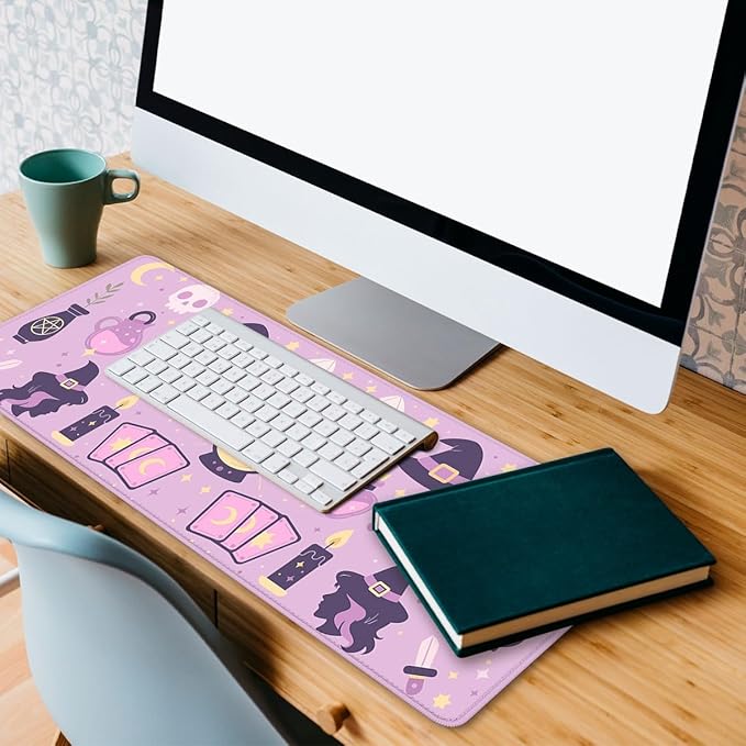 Cute Witch Desk Pad Mouse Pad Purple Cartoon Boho Magic Tarot Large Gaming Mouse Mat with Stitched Edges,Non-Slip Waterproof Rubber Base Mous Mat 31.5"x11.8"
