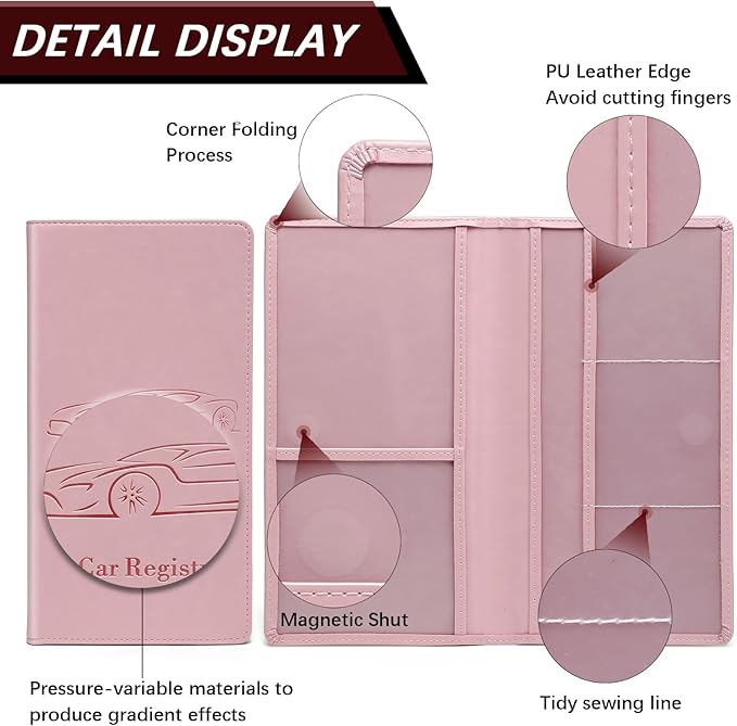 Car Registration and Insurance Card Holder for Women Men, Pink Glove Box Paperwork Organizer with Magnetic Buckle for Easy Access and Protect Documents and Various Cards in Vehicle