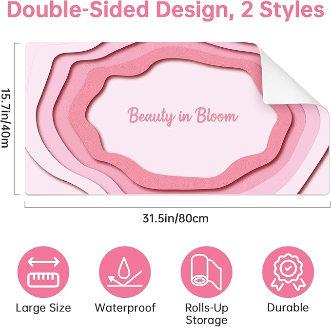 Dual-Sided PU Leather Desk Mat Blotter for Office, Home, Computer, Keyboard, Mouse, 15.7"x31.5" Large Non-Slip Writing Mat with Travel Storage Strap, Waterproof Easy to Clean (Pink Minimalist)