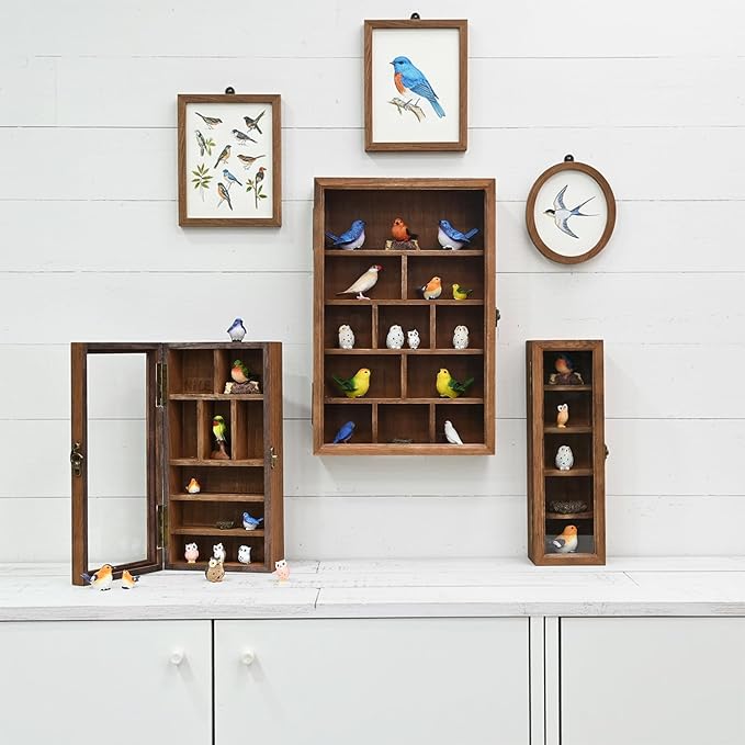 Ikee Design 3 Pcs Set Wall-Mounted Wooden Shadow Cubby Box Display Shelf with 24 Compartments with Door Storage Display Case for Collectibles, Trinkets, Mini Figures, Brown Color