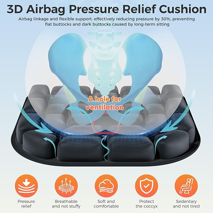 Upgrade Travel Cushion with No External Air Pump, Airplane Seat Cushion for Long Flights, Portable Wheelchair Cushions, Adjustable Air Cushion with Non-Skid Bottom Relief Discomfort in Coccyx