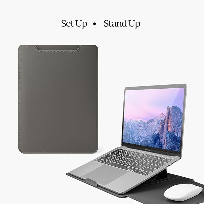 4-in-1 Laptop Sleeve with Stand and Mouse Pad, Faux Leather Protective Case with Accessory Pouch for 15-16 Inch Laptops, Grey