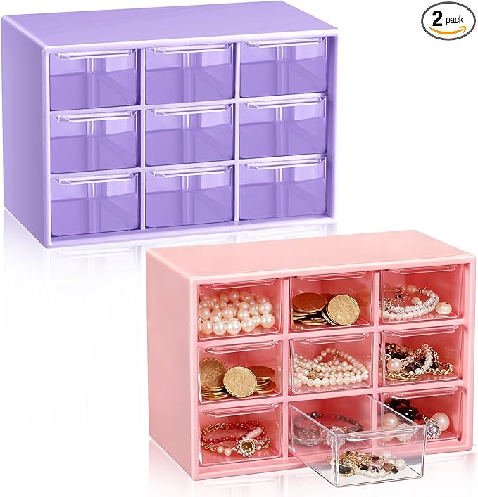 Wenqik 2 Pcs Mini Storage Drawers Teacher Toolbox Organizer with 9 Clear Drawers Small Plastic Desktop Teacher Desk Craft Organizer for Classroom Office 7" x 3. 9" x 4. 7" (Purple, Pink)