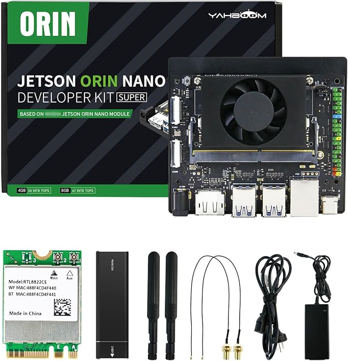 Yahboom Jetson Orin Nano Super 8GB RAM Development Board Kit, 67TOPS, with 48W Power Supply, Wireless Network Card, Enclosure