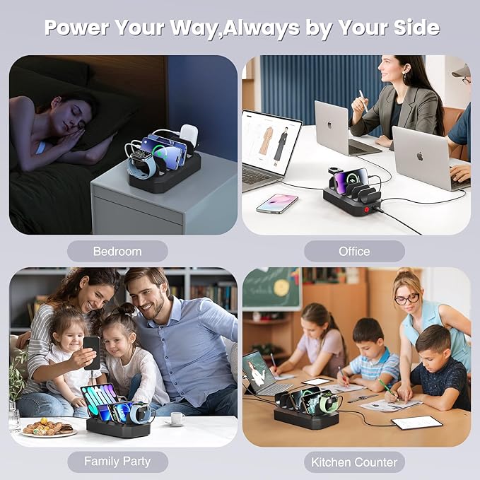 190W Fast Charging Station for Multiple Devices【Efficient & Safe Charging】 6 Port USB Charger Station - Family Multi-Device Organizer Charging Dock Compatible with iPhone/Android/MacBook/iPad/Tablet