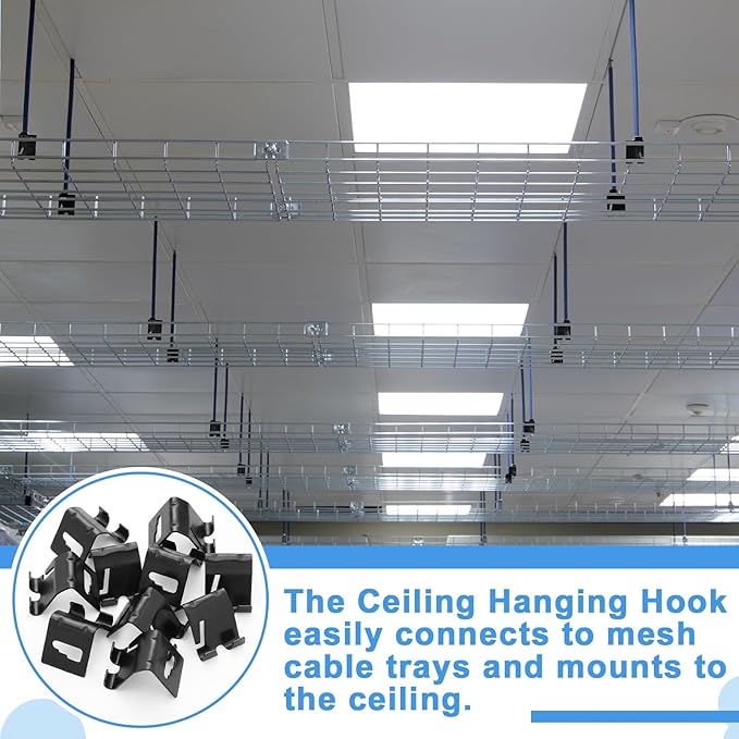 Shimeyao 10 Pcs Wire Mesh Cable Tray Ceiling Hanging Hook, Basket Tray Ceiling Support Hang Bracket, Galvanized Steel Hanging Hook for Network, Fiber Optic, Cabling Accessory (Black)