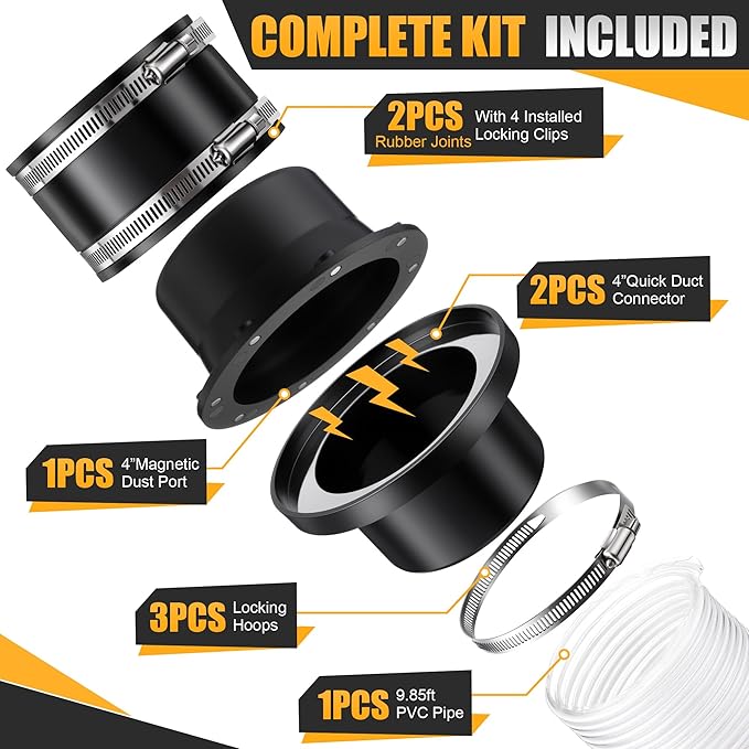 Saillong 4" Magnetic Dust Collector Fast Connect System – Starter Kit with Neodymium Fittings, Hose Couplers & Clamps for Workshop Dust Collection(Rubber Joint)