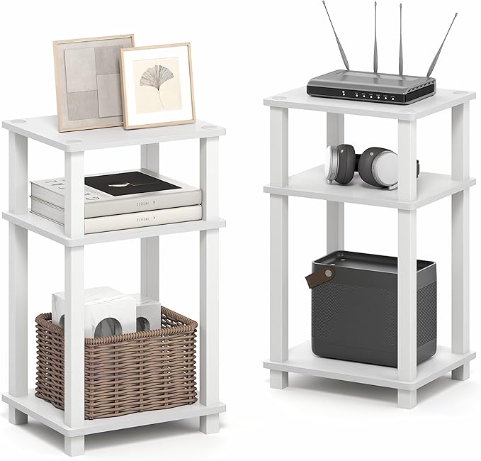Furinno JUST Side Table Set of 2, 3-Tier Open Shelf Modern End Table, Toolless Assembly Night Stand, Bedside Table with Square Tube, for Living Room, Bedroom, White