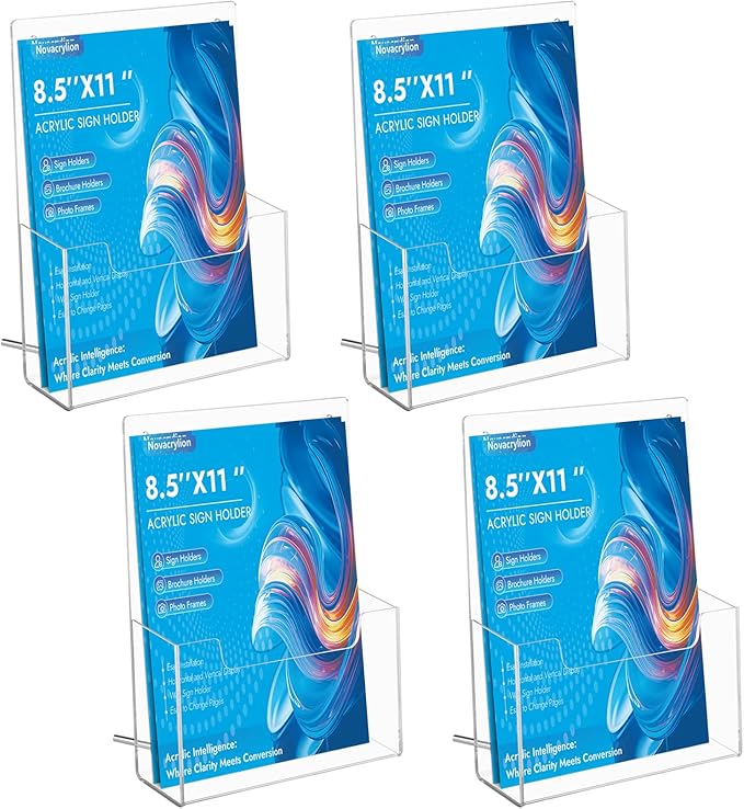Acrylic Sign Holder 8.5x11 [4 Pack] - Clear Trifold Brochure Rack with Detachable Magnetic Rod, Wall Mount & Desktop Display Stand for Flyers, Menus, Posters