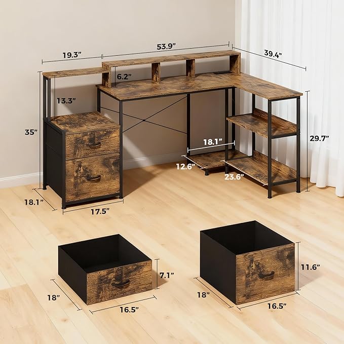 GTPLAYER 73" L Shaped Gaming Desk, Reversible Computer Desk with Power Outlets & LED Lights, Home Office Corner Desk with Storage Shelves, Monitor Stand, and Tower Space, Vintage Brown