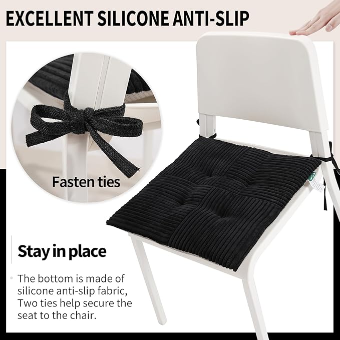 Office Stacking Chair Cushions 4 Pack, Corduroy High Density Foam Kitchen Seat Cushions with Ties, Square 17" x 17" Indoor Non-Slip Dining Chair Pads, Black, 4pcs