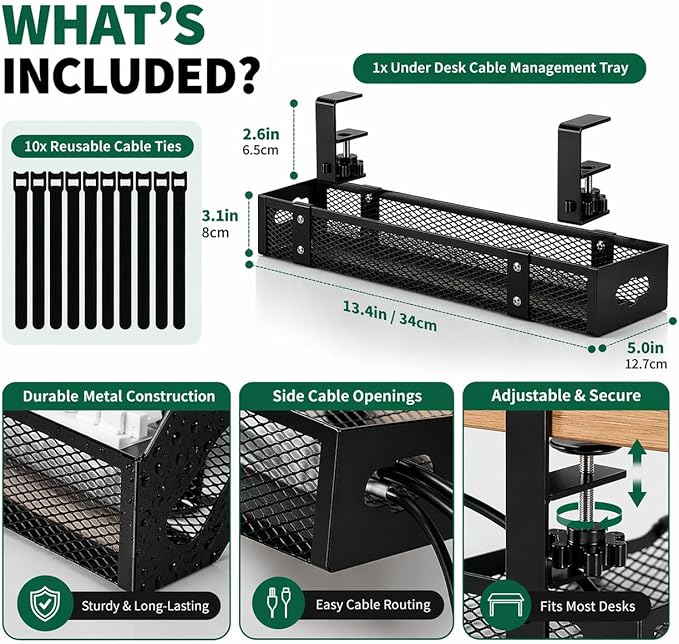 Under Desk Cable Management Tray, Metal Desk Cord Organizer, Adjustable Clamp, No Drill, Durable Desk Cable Organizer – 13.4''