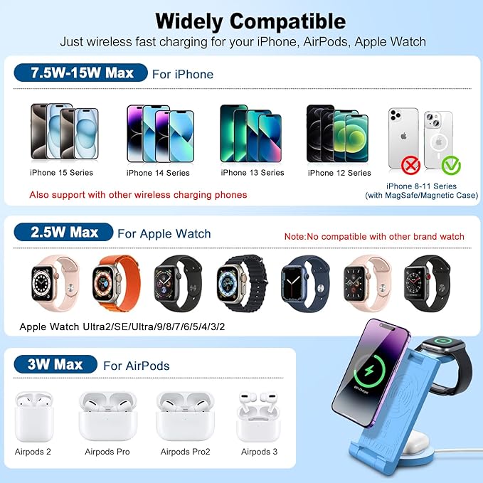 2024 Upgrated Wireless Charger: 3 in 1 Charger Stand Multiple Devices for Apple - iPhone 16 15 14 Pro Max 13 12 11 - Watch 10 9 8 7 6 5 4 3 2 SE and Ultra Series - Airpods 4 3 2 Pro