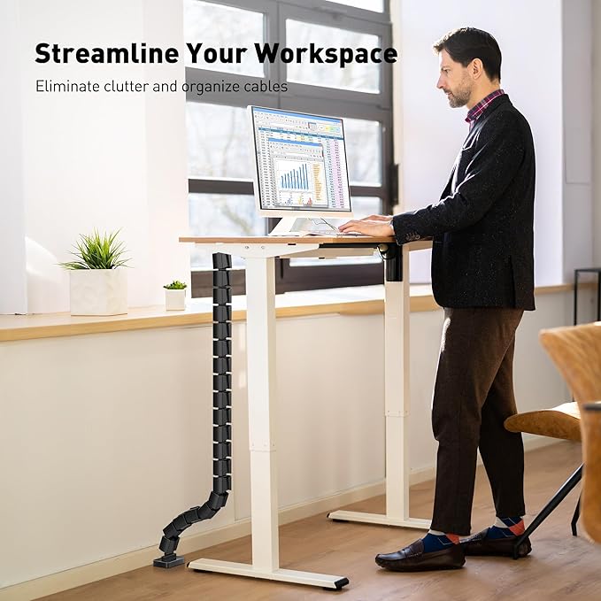 Clamp-On Cable Management Spine, No-Drill Vertebrae Wire Hider for Glass & Wood Standing Desks, Tool-Free Adjustable Desk-to-Floor Cord Organizer Snake with Non-Scratch Silicone Padding