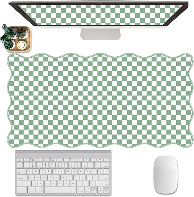 Scalloped Desk Mat Extended Large Cute Mouse Pad Big Desk Pad XXL Aesthetic Plaid Mousepad Checkered Gaming Mouse Pad for Keyboard Computer Laptop Home Office Accessories Girl 35.4X15.7Inches Green