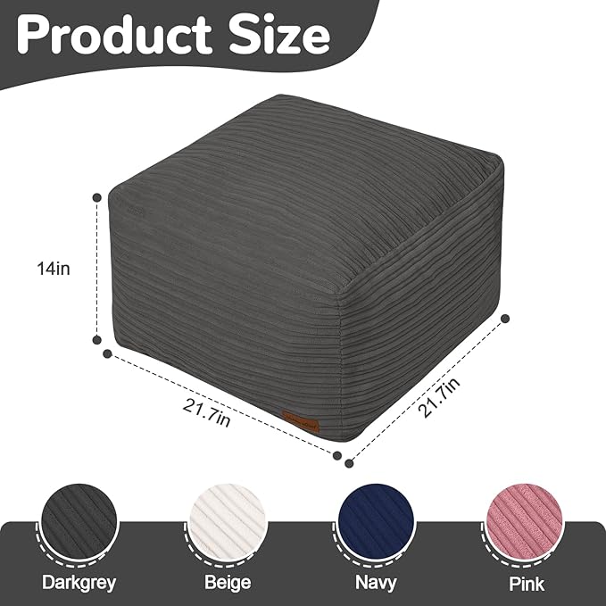 MeMoreCool Square Stuffed Pouf Ottoman Foot Rest, Stripe Furry Floor Pouf Foot Stool with Foam Chunk Filling, Soft Fluffy Stuffed Ottoman Footrest for Living Room, Corduroy Grey