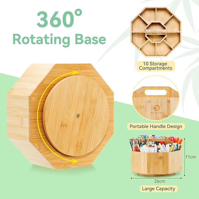 Ohuhu Rotating Marker Organizer for Alcohol Markers, 360° Rotating Bamboo Storage Hold 162 Honolulu& B Alcohol Markers, Pens Pencil Holder with 10 Compartments for Home Classroom Office Decor