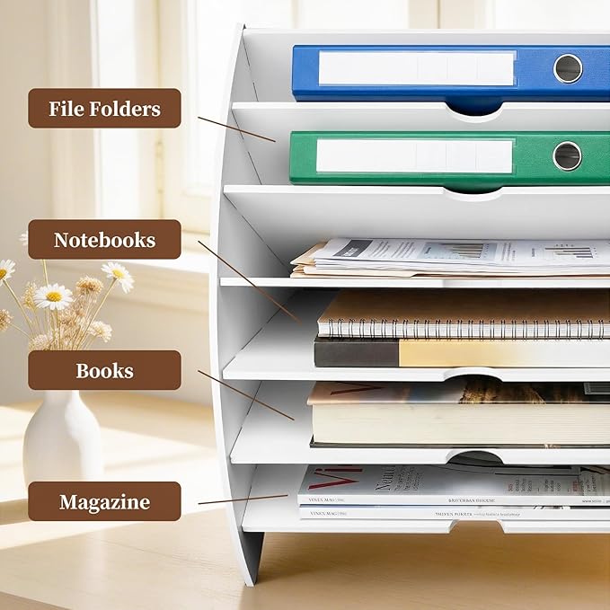 File Folder Desk Organizer, 6-Tier Binder Holder for Office Supplies Storage, WPC Magazine Book Rack for Workspace, Home, Classroom, White Decorative File Box