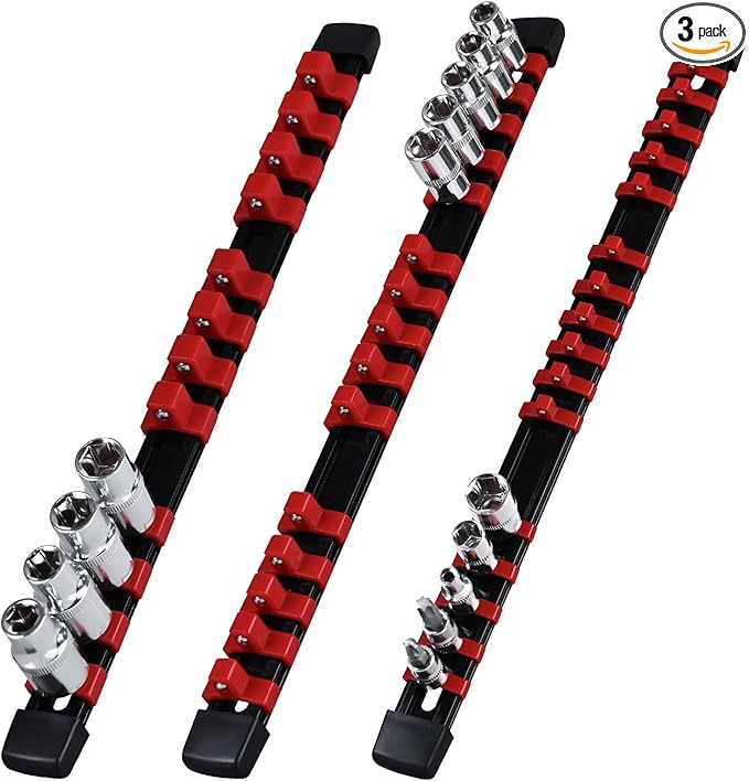 Socket Organizer Set 3PCS ABS Socket Holder Kit, 1/4-Inch x 16 Clips, 3/8-Inch x 15 Clips, 1/2-Inch x 12 Clips Socket Set Organizer, Drive Socket Tray, Socket Holders Clip Socket Rail, Red