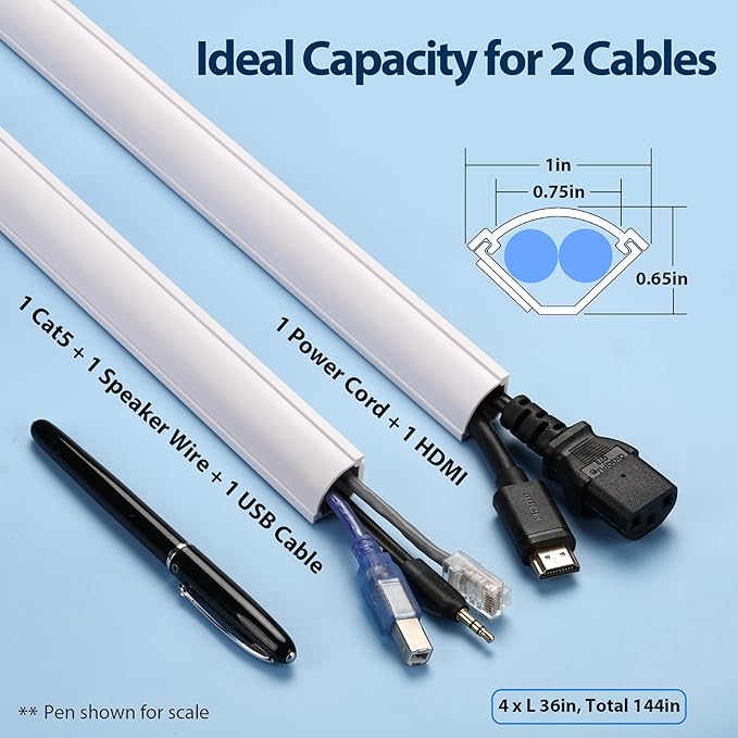 ZhiYo Corner Cable Concealer 144in, Medium Corner Cord Hider, Wire Covers for Cords, Paintable Cord Cover, Cable Management Channel Raceway for Wall, Floor Baseboard, Ceiling, 4 x L36in White