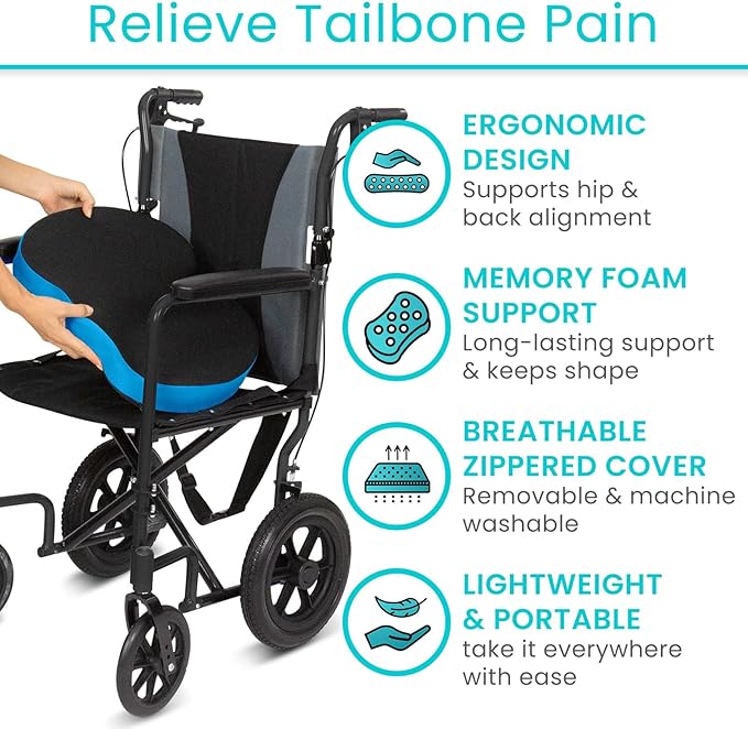 Vive Tailbone Pain Relief Cushion - Memory Foam Seat Pillow for Wheelchairs - for Sciatica, Coccyx, Back Pain, Pressure Relief - Comfort for Long Sitting - Elderly Chair Cushion for Support