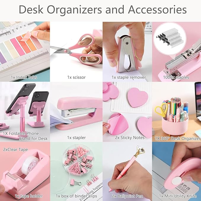Pink Office Supplies,Desk Accessories,Desk Organizer,Phone Stand,Scissors,Stapler,Tape Dispenser,Binder clips,Staples,staple remover,Sticky Notes,Index Tabs,Clear Tape,Mini Box Cutter,Cool Pen 16pcs