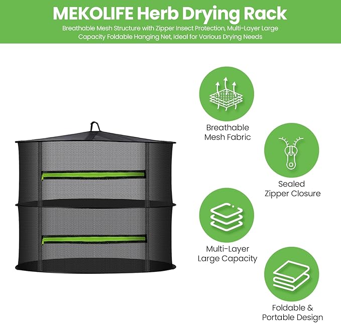 MEKOLIFE 2 Layer Herb Drying Rack, Collapsible Mesh Drying Rack, Small Hanging Drying Net with Green Zipper & Hooks, Indoor Outdoor for Drying Herbs, Socks, Underwear, Seafood & Camping Food (11.81")