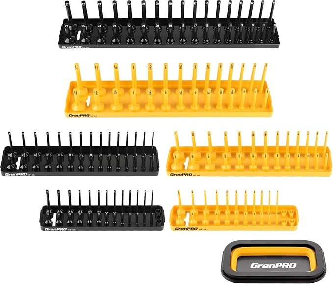 GRENPRO 7PCS Socket Organizer Tray Set with Mini Folding Tray, Yellow & Black Magnetic Socket Holder for 1/4", 3/8", 1/2" Drive Metric and SAE Sockets