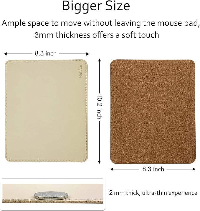 MelVan PU Leather Mouse Pad with Stitched Edge, Wood Mousepad, Waterproof Gaming Mouse Pad Mat for Computers, Laptop, Office & Home, 10.2" x 8.3", 1 Pack (Beige)